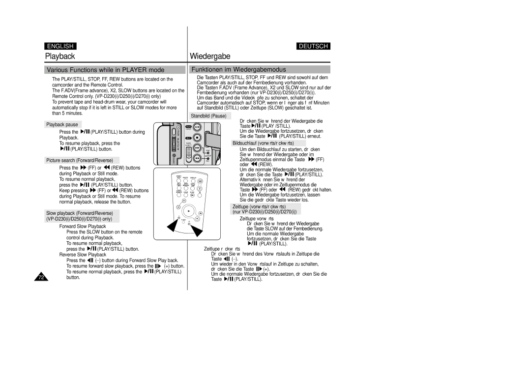 Samsung VP-D200 manual Various Functions while in Player mode, Funktionen im Wiedergabemodus 