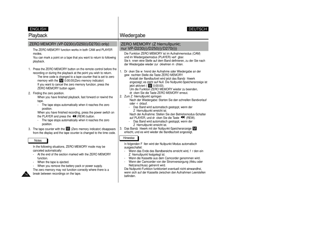 Samsung VP-D200 manual Zero Memory VP-D230i/D250i/D270i only, Zero Memory Zählernullpunkt nur VP-D230i/D250i/D270i 