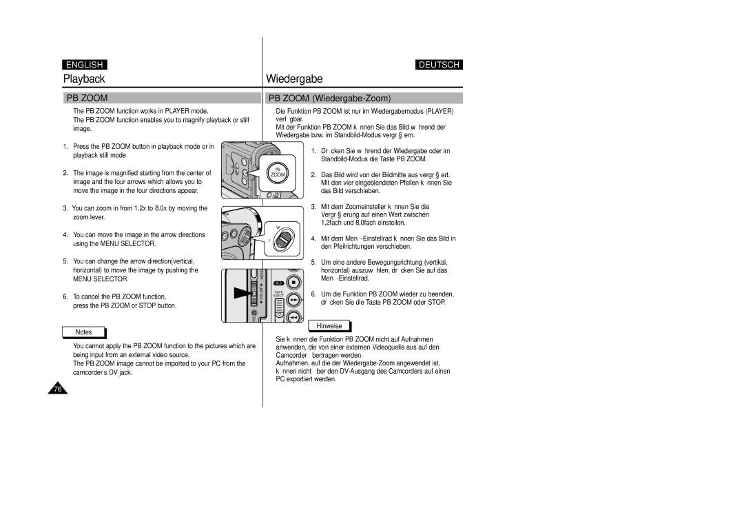 Samsung VP-D200 manual PB Zoom Wiedergabe-Zoom, Das Bild verschieben 