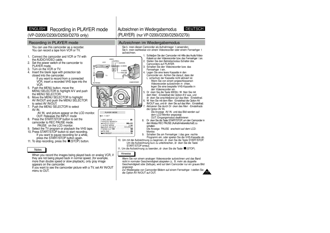 Samsung VP-D200 manual English Recording in Player mode, Recording in Player mode Aufzeichnen im Wiedergabemodus, Vcr 