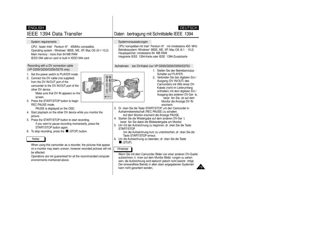 Samsung VP-D200 manual System requirements, Systemvoraussetzungen, Recording with a DV connection cable 