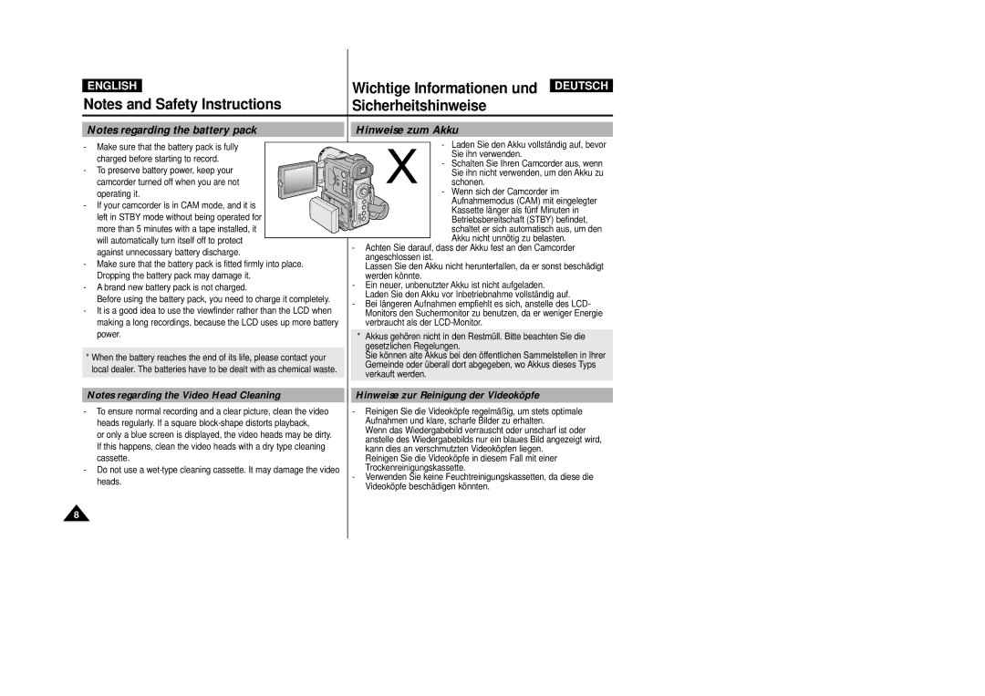 Samsung VP-D200 manual Hinweise zum Akku, Hinweise zur Reinigung der Videoköpfe 