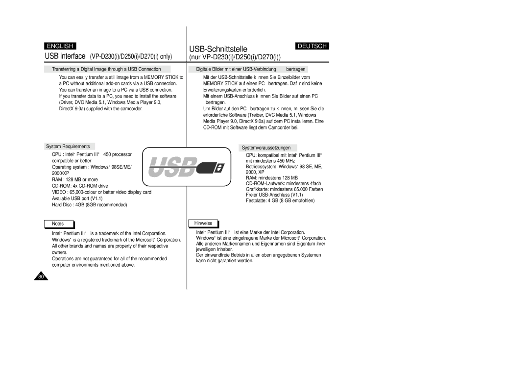 Samsung VP-D200 manual Mit der USB-Schnittstelle können Sie Einzelbilder vom, CD-ROM mit Software liegt dem Camcorder bei 