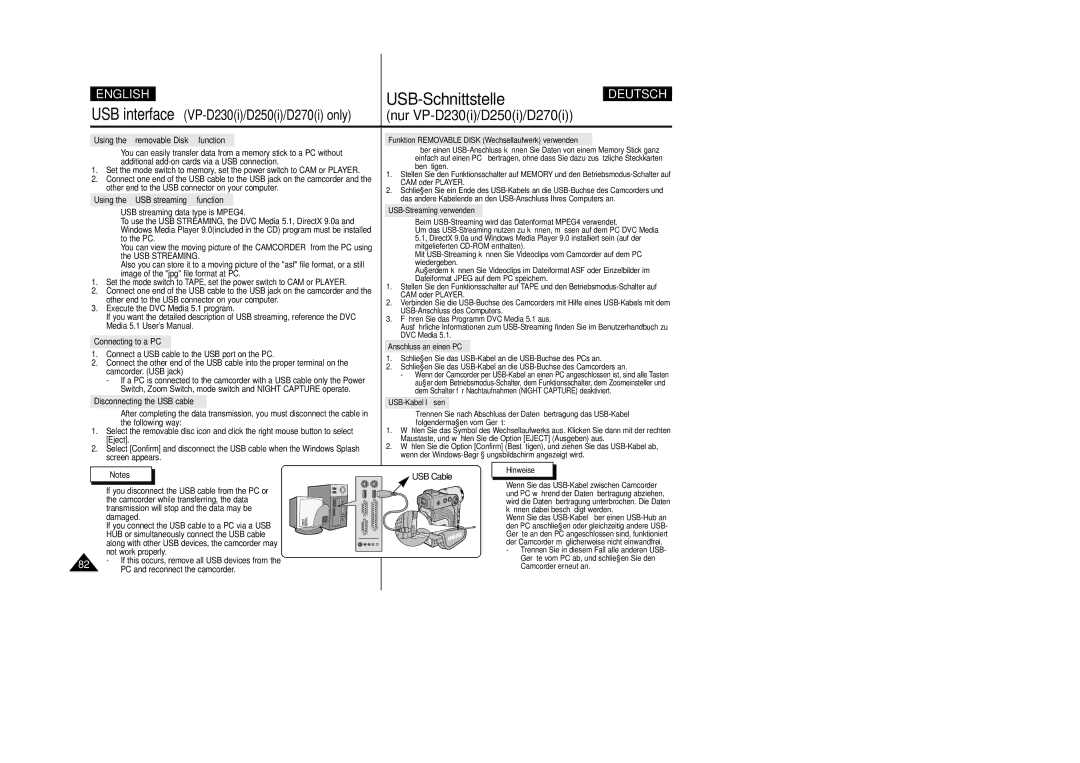 Samsung VP-D200 manual USB Cable, Using the removable Disk function 