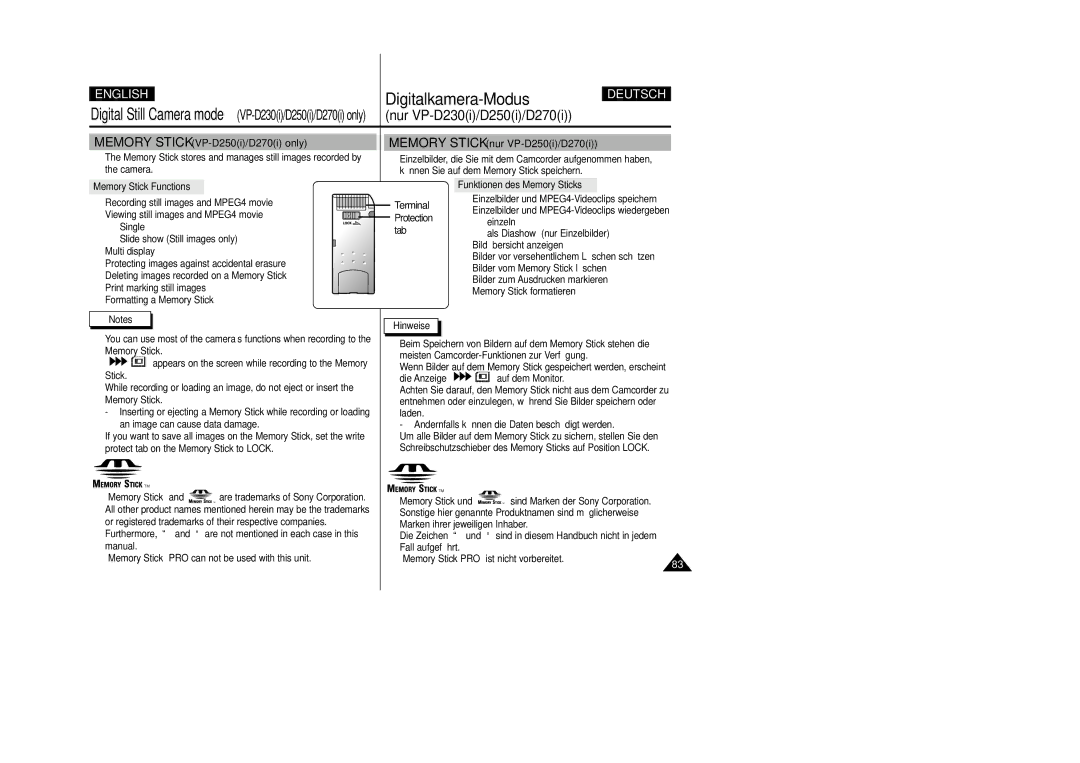 Samsung VP-D200 manual Digitalkamera-Modus, Memory Stick Functions, Protection Tab Funktionen des Memory Sticks 