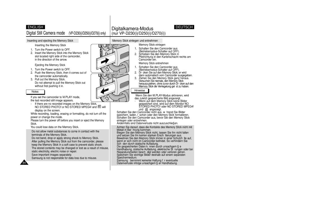 Samsung VP-D200 Turn the Power switch to OFF, Memory Stick einlegen und entnehmen, Memory Stick entnehmen, Und angezeigt 