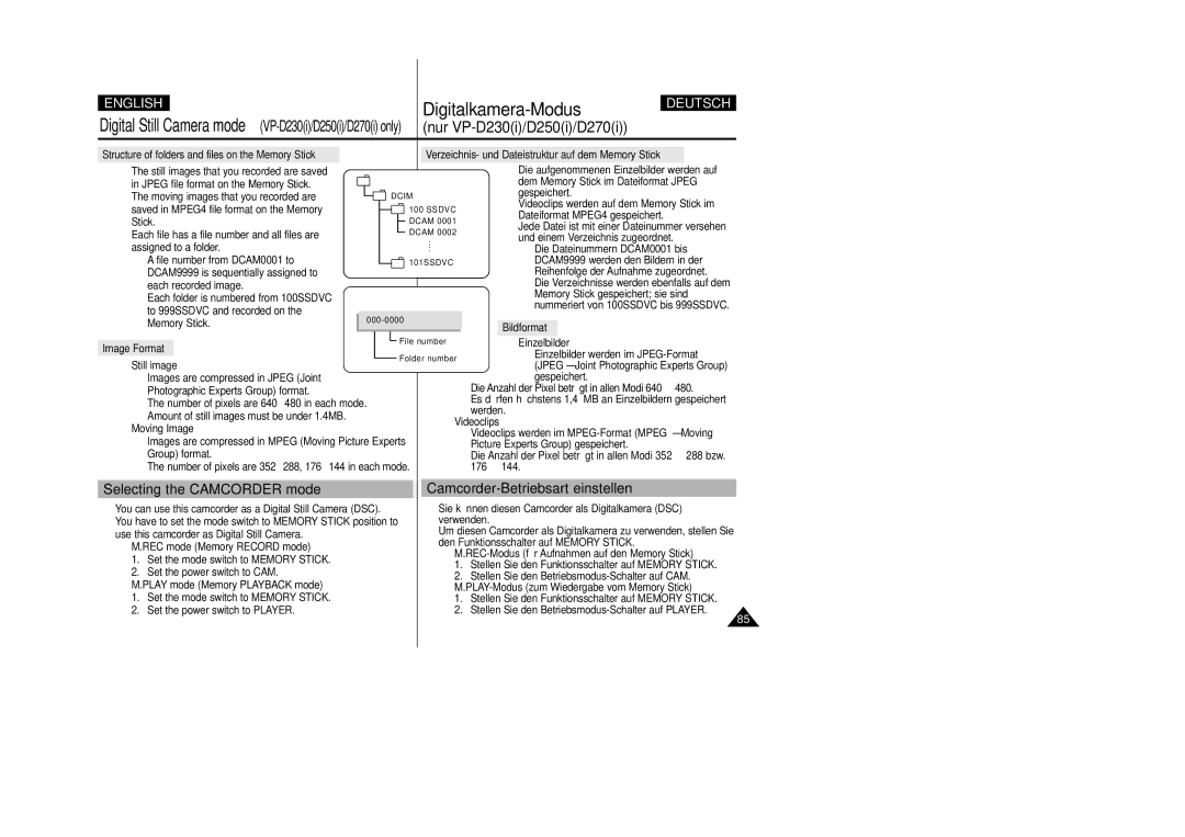 Samsung VP-D200 manual Selecting the Camcorder mode, Camcorder-Betriebsart einstellen, Bildformat Image Format 