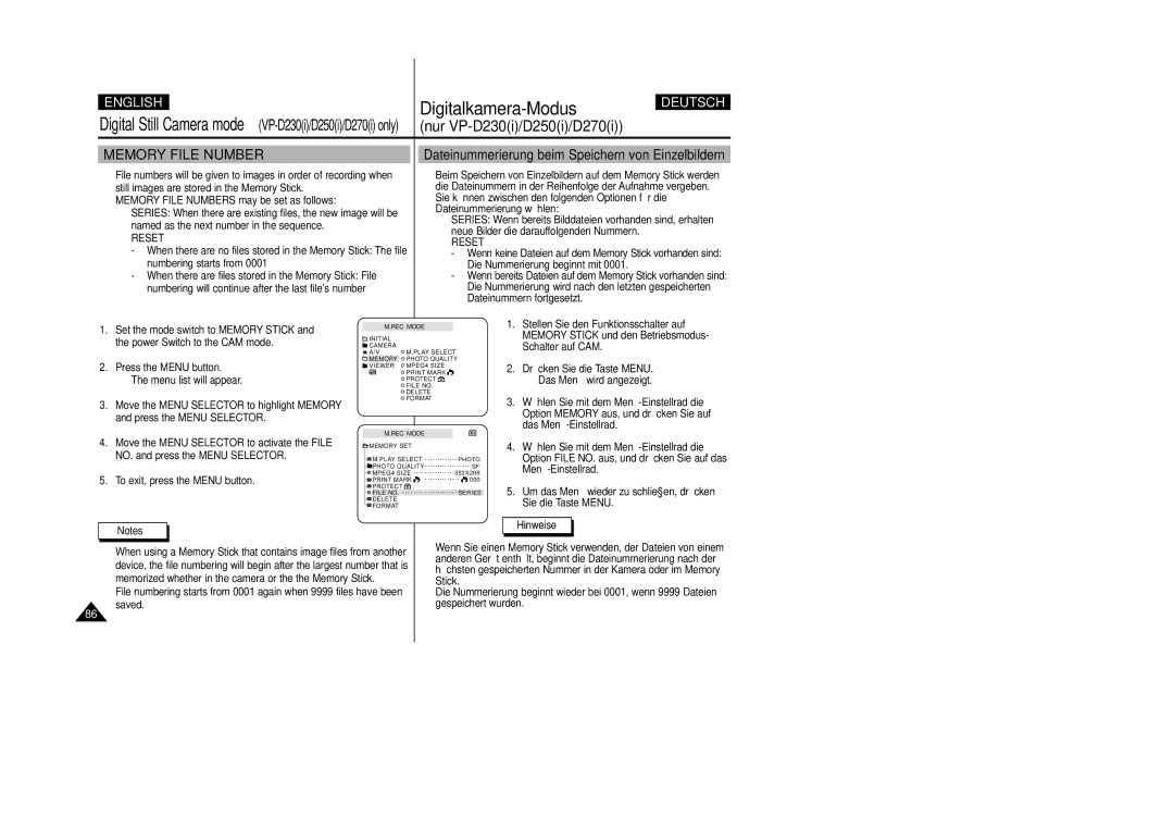 Samsung VP-D200 manual Dateinummerierung beim Speichern von Einzelbildern, Memory File Numbers may be set as follows, Reset 