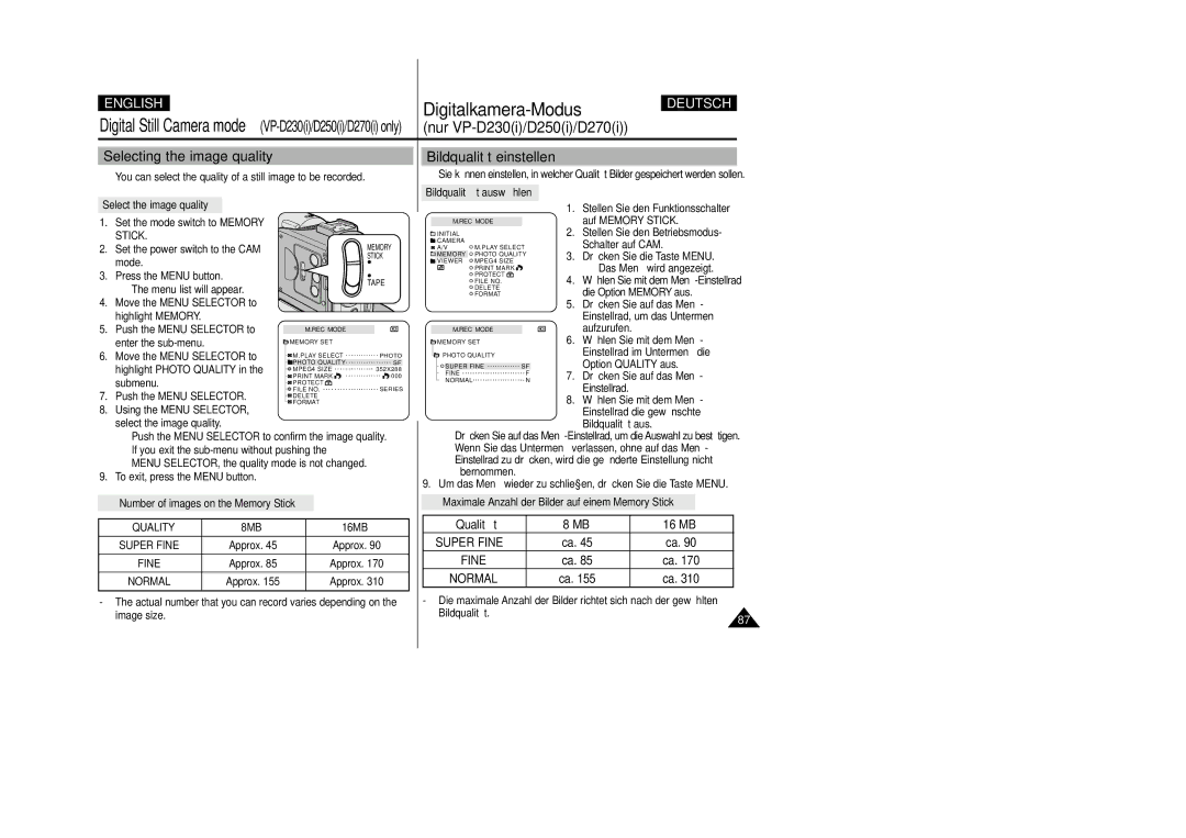 Samsung VP-D200 manual Selecting the image quality, Bildqualität einstellen, Quality 8MB 