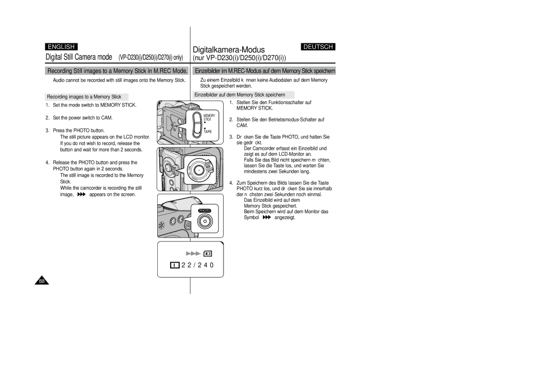 Samsung VP-D200 manual Recording images to a Memory Stick, Einzelbilder auf dem Memory Stick speichern 