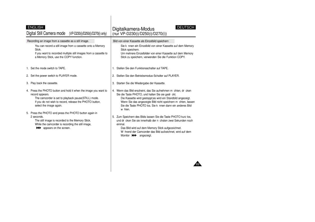 Samsung VP-D200 manual Bild von einer Kassette als Einzelbild speichern 