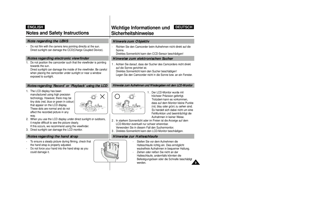 Samsung VP-D200 manual Hinweis zum Objektiv, Hinweise zum elektronischen Sucher, Hinweise zur Halteschlaufe, Werden 