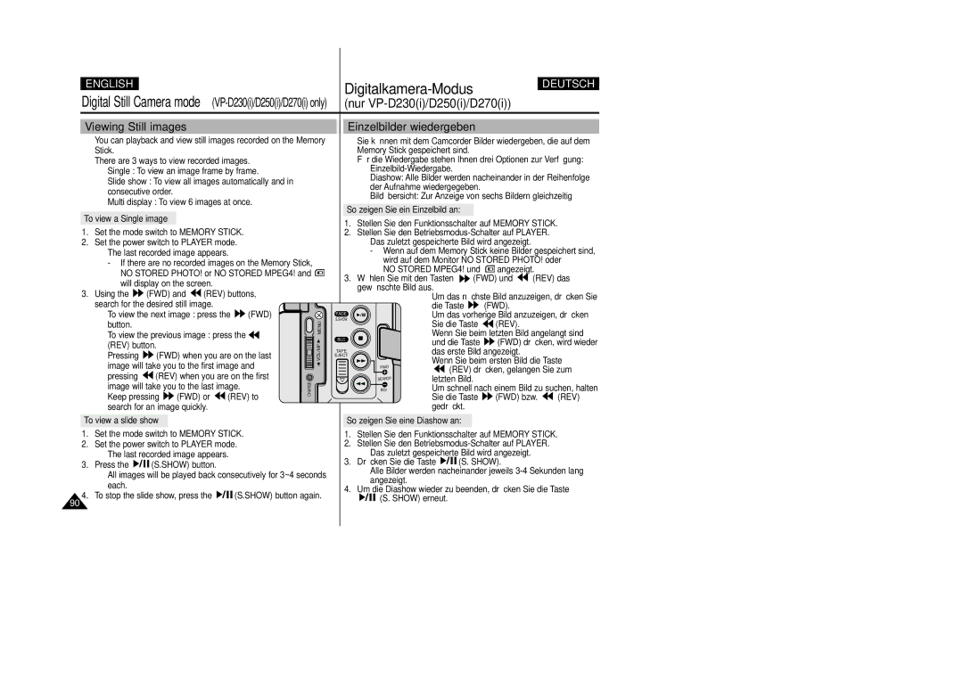 Samsung VP-D200 manual Digitalkamera-Modus Deutsch, Viewing Still images, Einzelbilder wiedergeben 