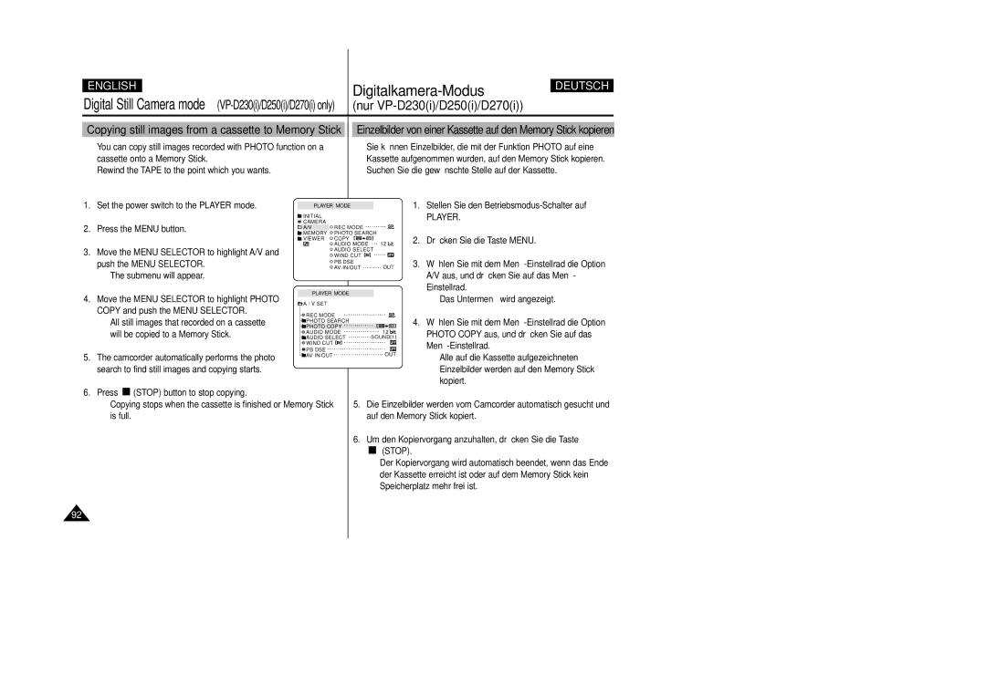 Samsung VP-D200 manual Copying still images from a cassette to Memory Stick 