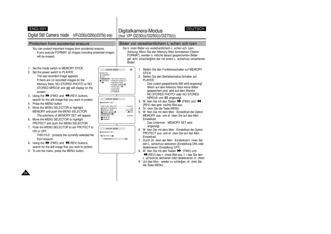 Samsung VP-D200 manual Protection from accidental erasure, Bilder vor versehentlichem Löschen schützen 