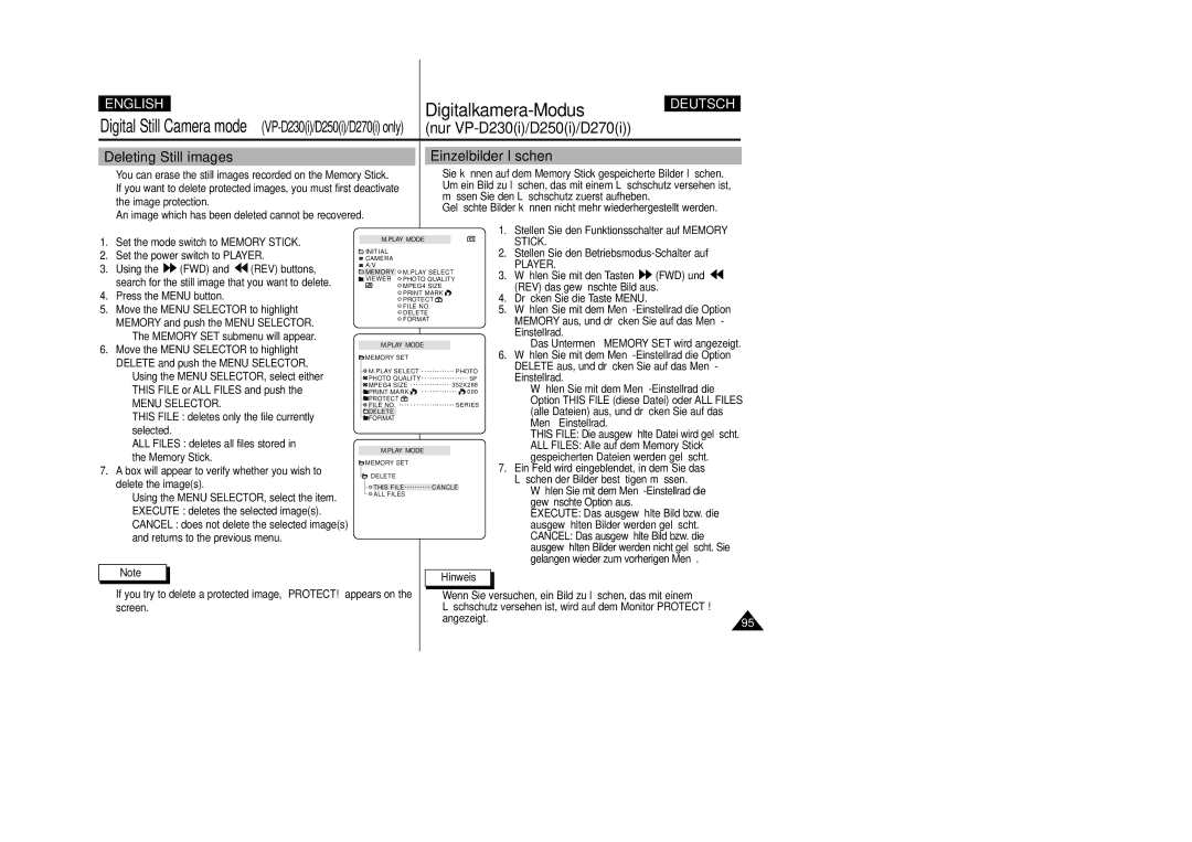 Samsung VP-D200 manual Deleting Still images Einzelbilder löschen 