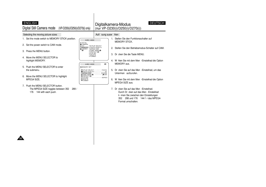 Samsung VP-D200 manual Set the mode switch to Memory Stick position 