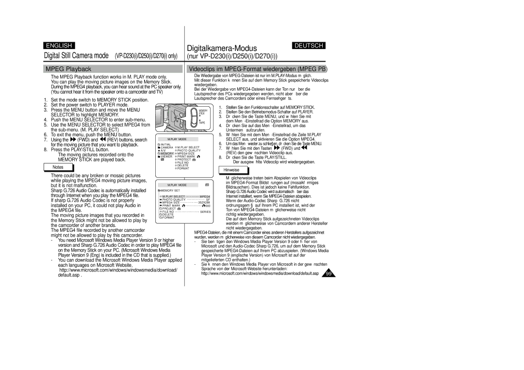 Samsung VP-D200 manual Mpeg Playback, Videoclips im MPEG-Format wiedergeben Mpeg PB 