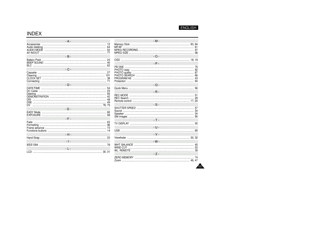 Samsung VP-D200(I) manual Index 