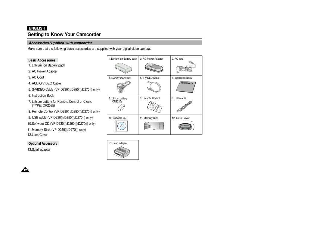 Samsung VP-D200(I) manual Accessories Supplied with camcorder, Basic Accessories, Optional Accessory 