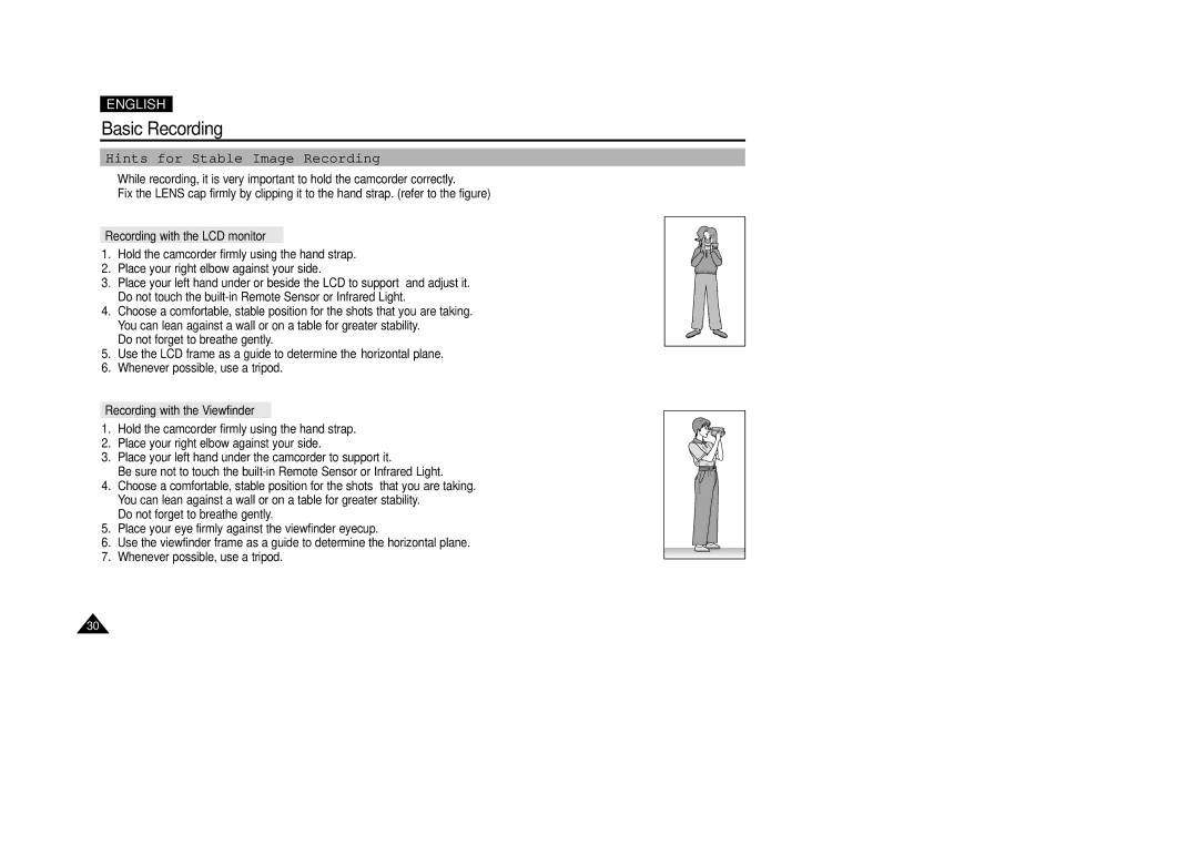 Samsung VP-D200(I) manual Hints for Stable Image Recording, Recording with the LCD monitor, Recording with the Viewfinder 