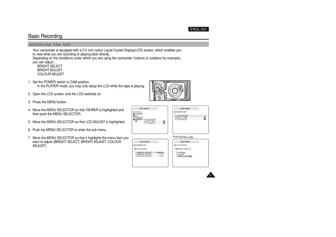 Samsung VP-D200(I) manual Adjusting the LCD, Bright Select Bright Adjust Colour Adjust 