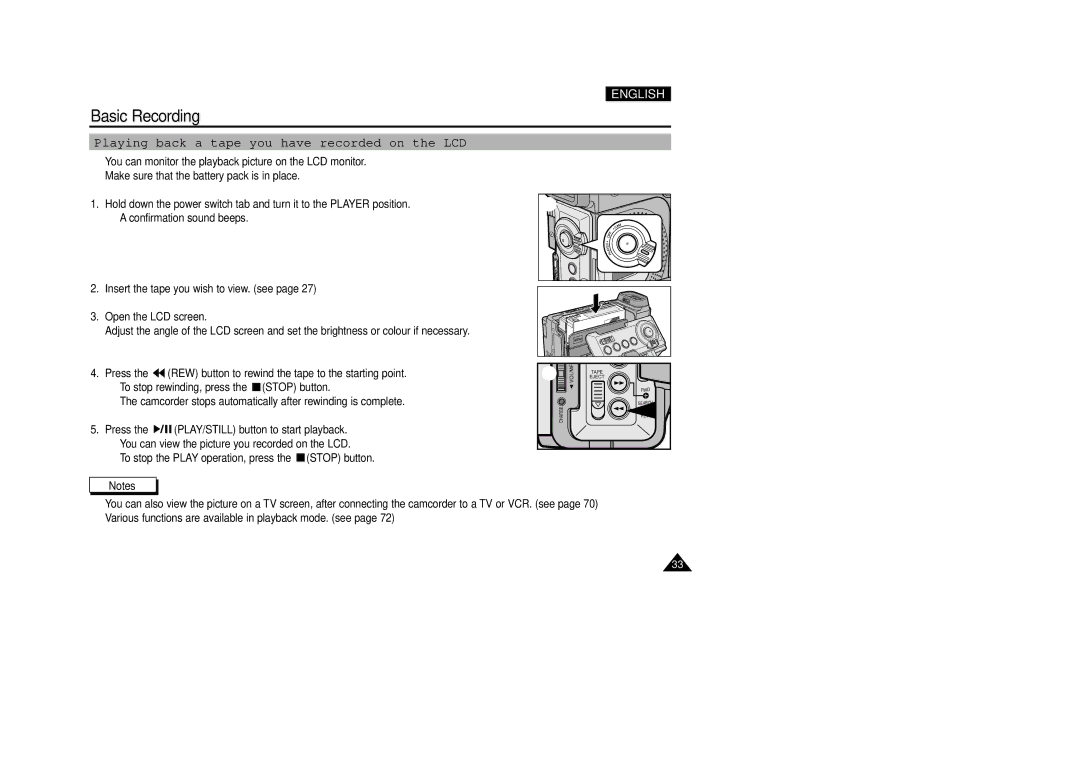 Samsung VP-D200(I) manual Playing back a tape you have recorded on the LCD 