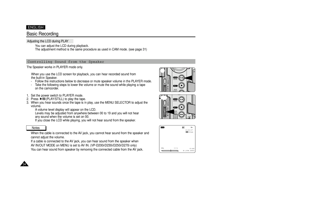 Samsung VP-D200(I) manual Controlling Sound from the Speaker, Adjusting the LCD during Play 