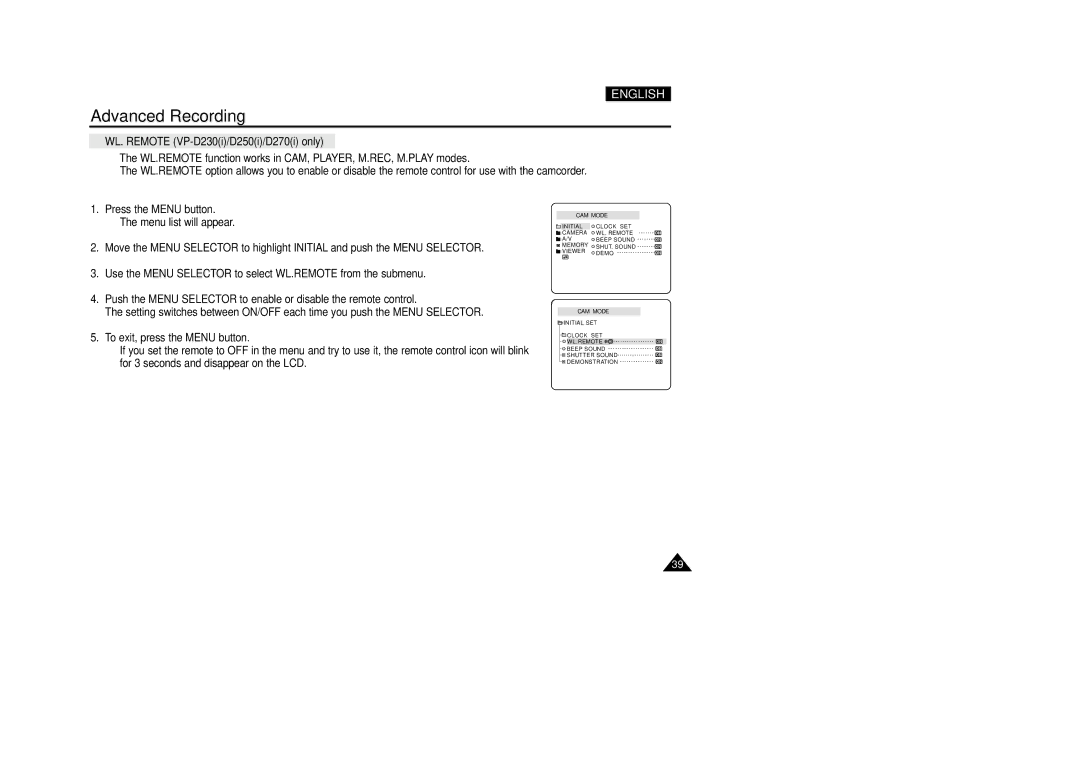 Samsung VP-D200(I) manual WL. Remote VP-D230i/D250i/D270i only 