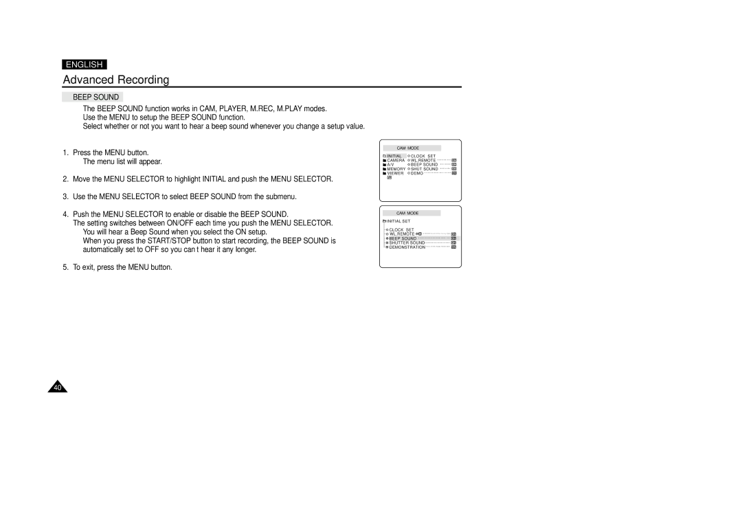 Samsung VP-D200(I) manual Beep Sound 