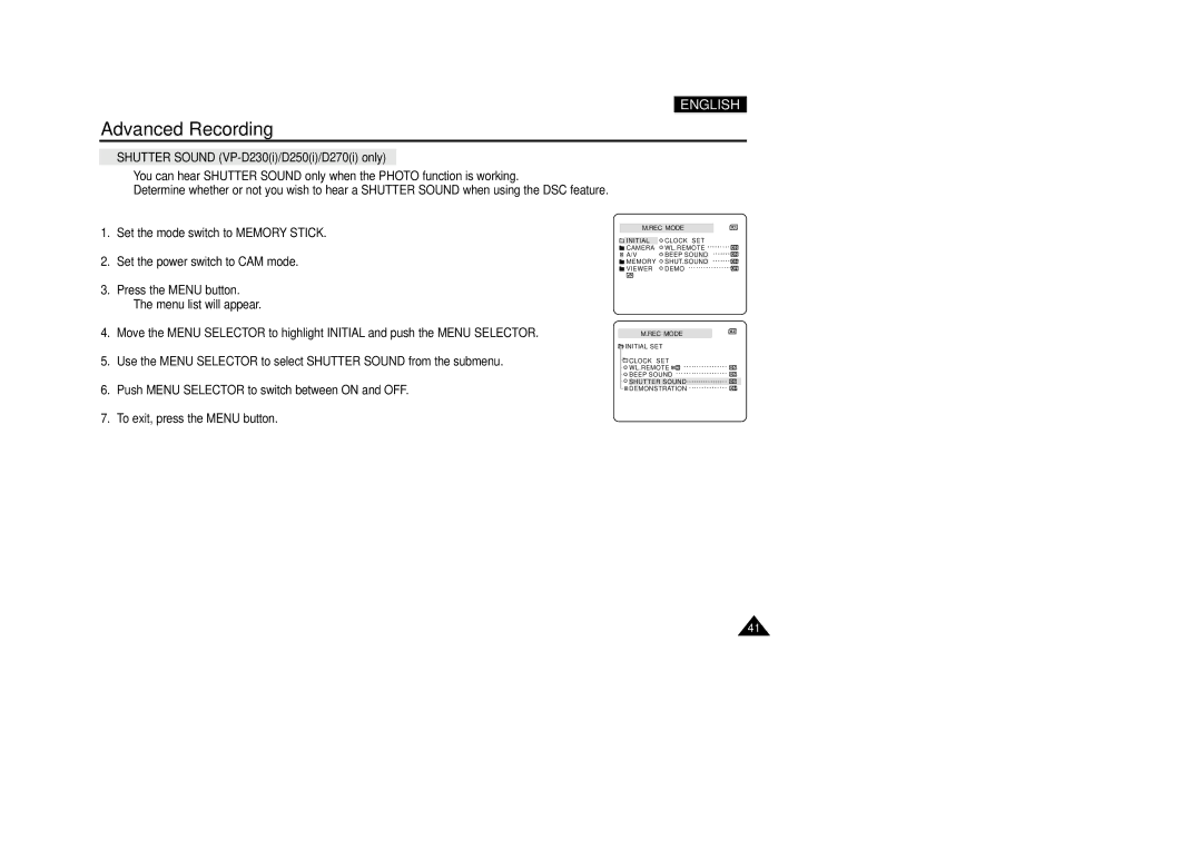 Samsung VP-D200(I) manual Shutter Sound VP-D230i/D250i/D270i only 