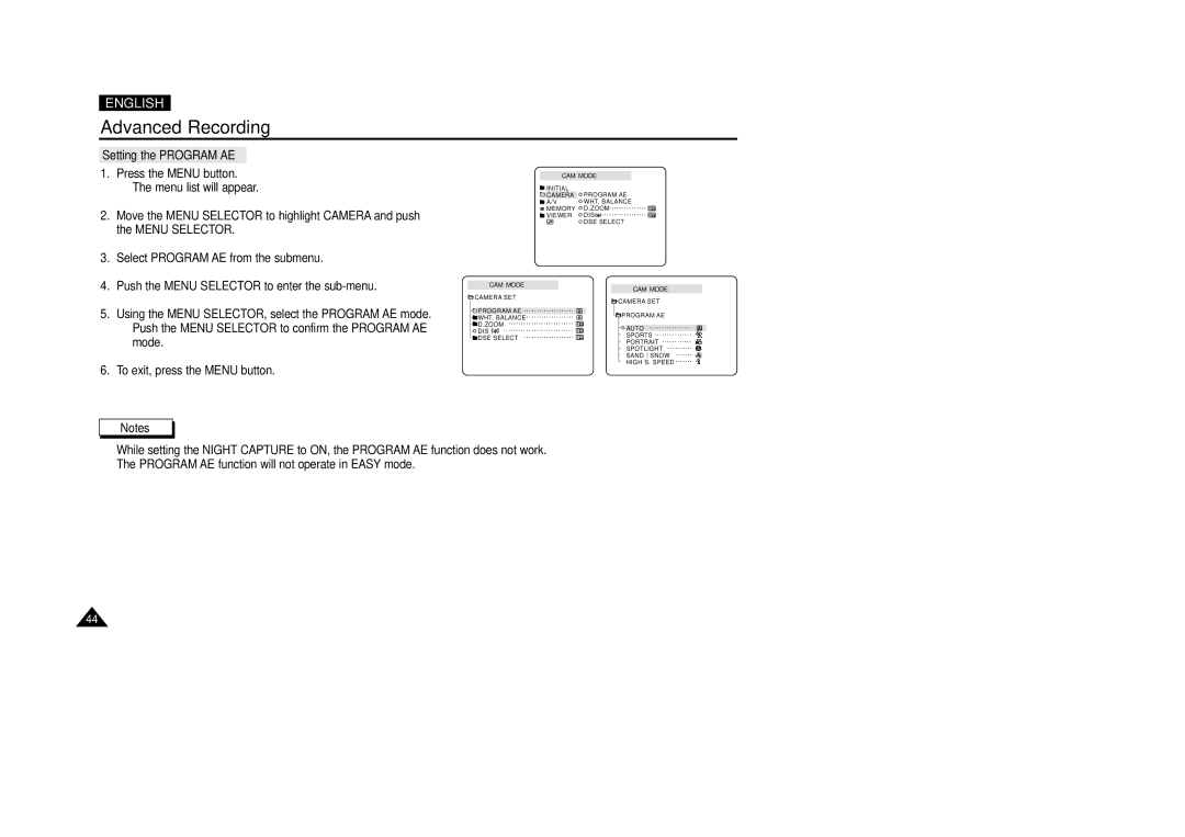 Samsung VP-D200(I) manual Setting the Program AE 