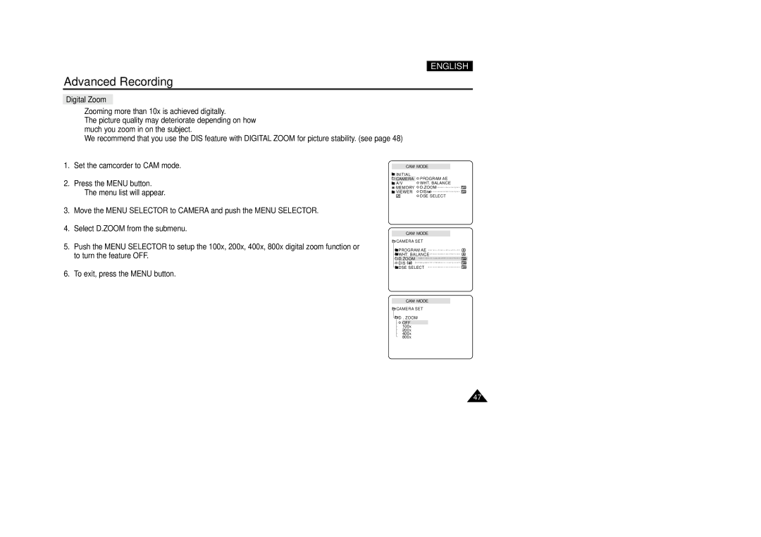 Samsung VP-D200(I) manual Digital Zoom 