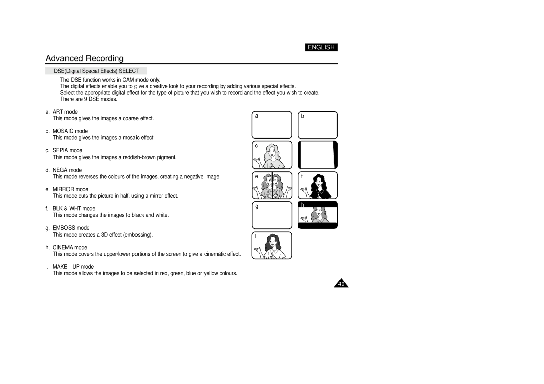 Samsung VP-D200(I) manual DSEDigital Special Effects Select 