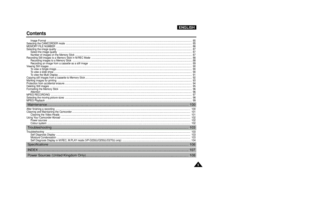 Samsung VP-D200(I) manual Index 