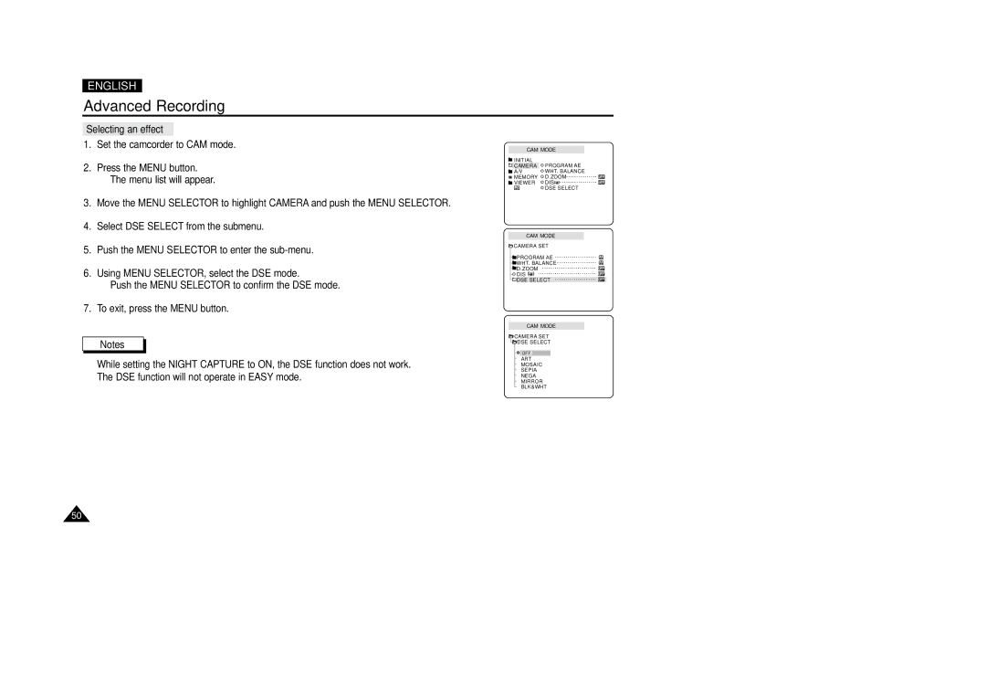 Samsung VP-D200(I) manual Selecting an effect 