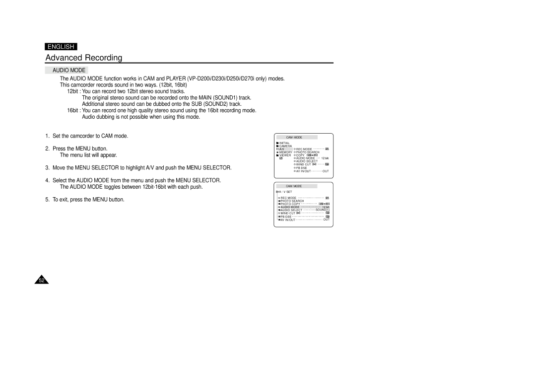 Samsung VP-D200(I) manual Audio Mode 