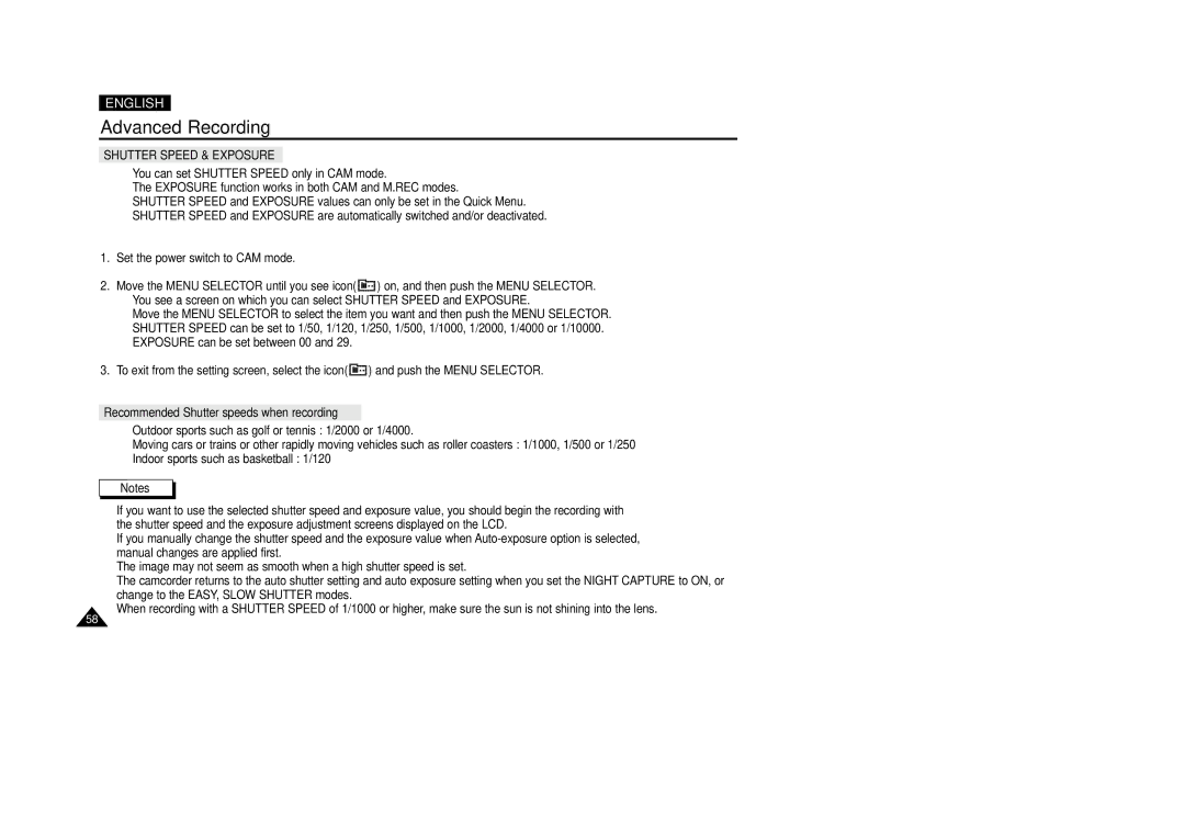 Samsung VP-D200(I) manual Recommended Shutter speeds when recording 