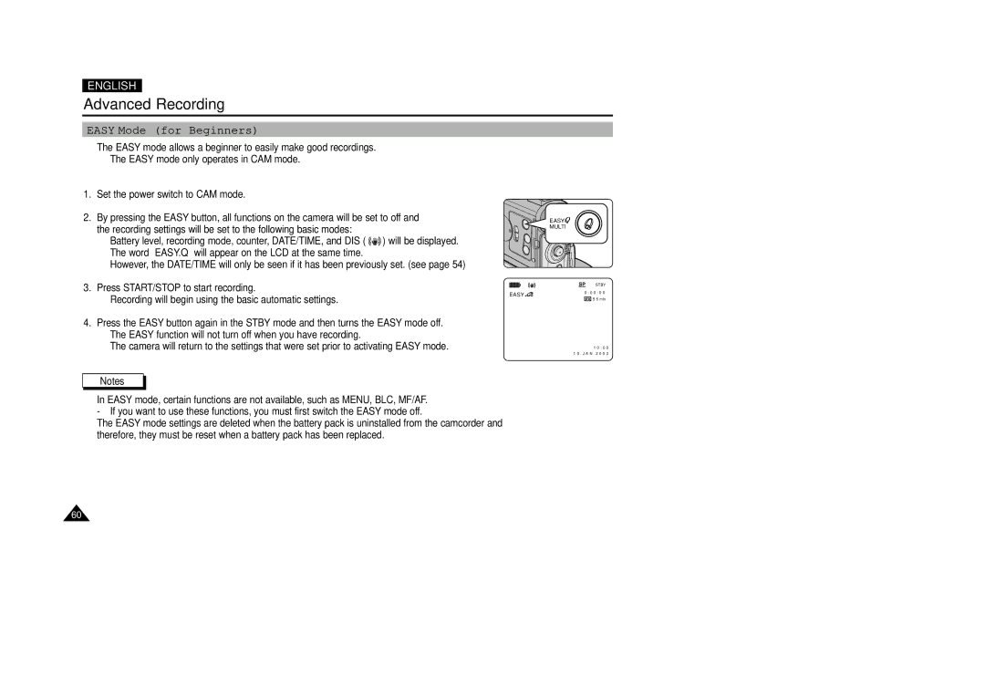 Samsung VP-D200(I) manual Easy Mode for Beginners 