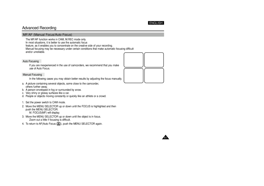 Samsung VP-D200(I) manual MF/AF Manual Focus/Auto Focus, Auto Focusing, Manual Focusing 