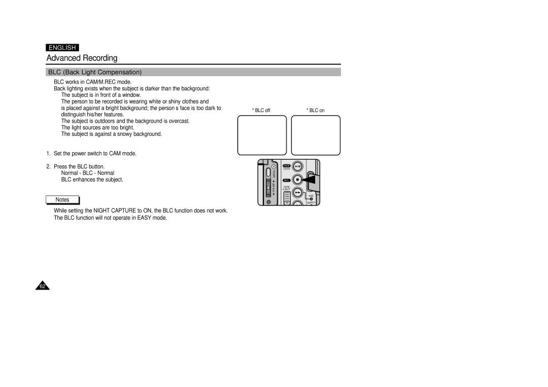 Samsung VP-D200(I) manual BLC Back Light Compensation 