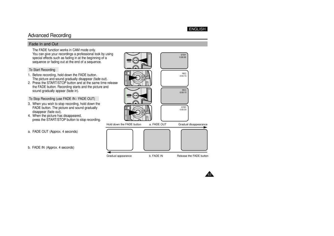 Samsung VP-D200(I) manual Fade In and Out, To Start Recording, To Stop Recording use Fade in / Fade OUT 