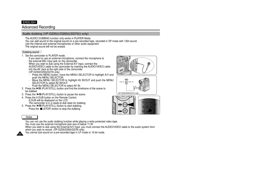 Samsung VP-D200(I) manual Audio dubbing VP-D230i/D250i/D270i only, Dubbing sound 