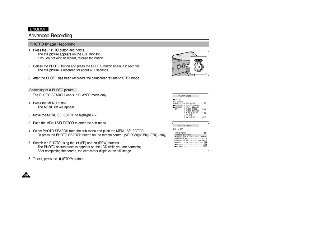 Samsung VP-D200(I) manual Photo Image Recording, Searching for a Photo picture 