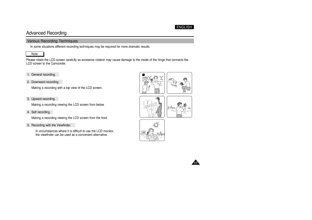 Samsung VP-D200(I) Various Recording Techniques, General recording Downward recording, Upward recording, Self recording 