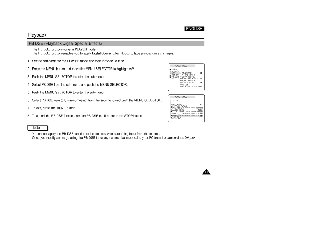 Samsung VP-D200(I) manual PB DSE Playback Digital Special Effects 