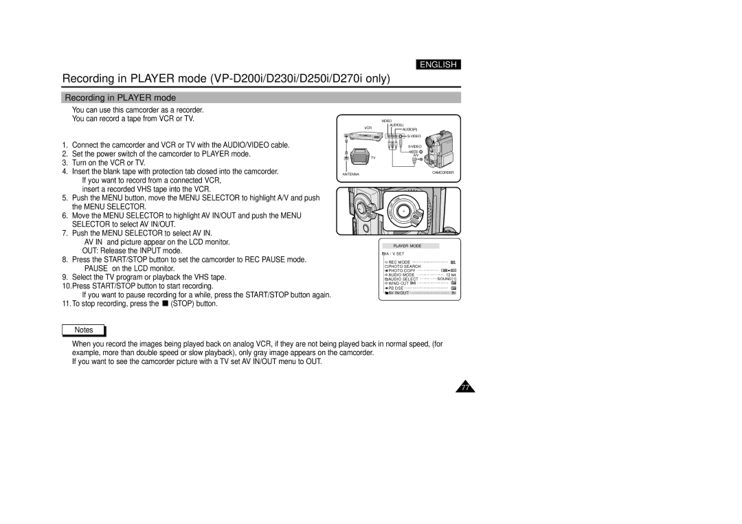 Samsung VP-D200(I) manual Recording in Player mode VP-D200i/D230i/D250i/D270i only 