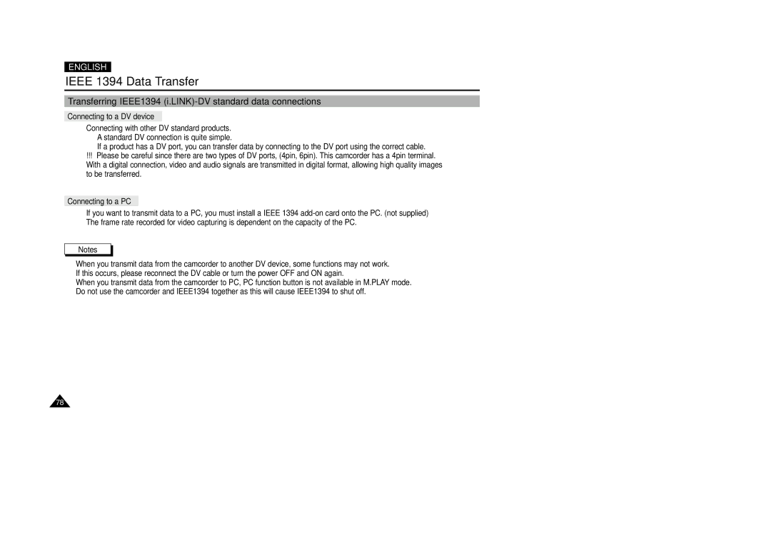 Samsung VP-D200(I) Ieee 1394 Data Transfer, Transferring IEEE1394 i.LINK-DV standard data connections, Connecting to a PC 