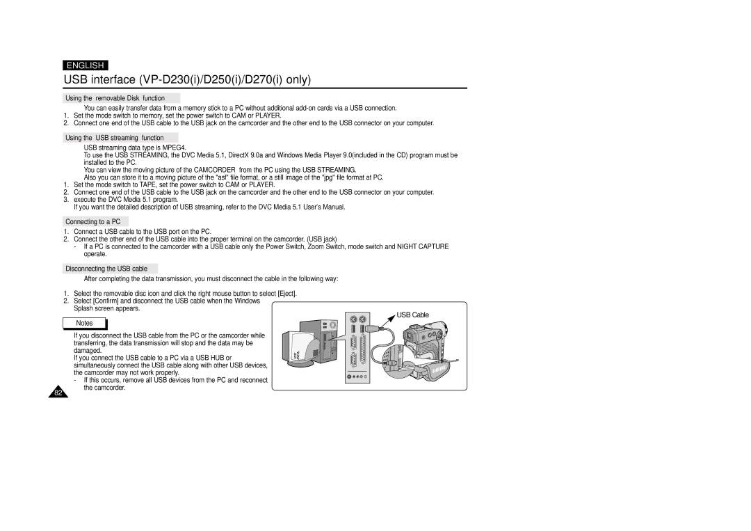 Samsung VP-D200(I) manual USB Cable, Using the removable Disk function 