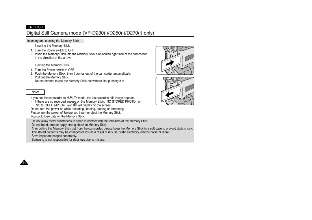 Samsung VP-D200(I) manual Ejecting the Memory Stick 